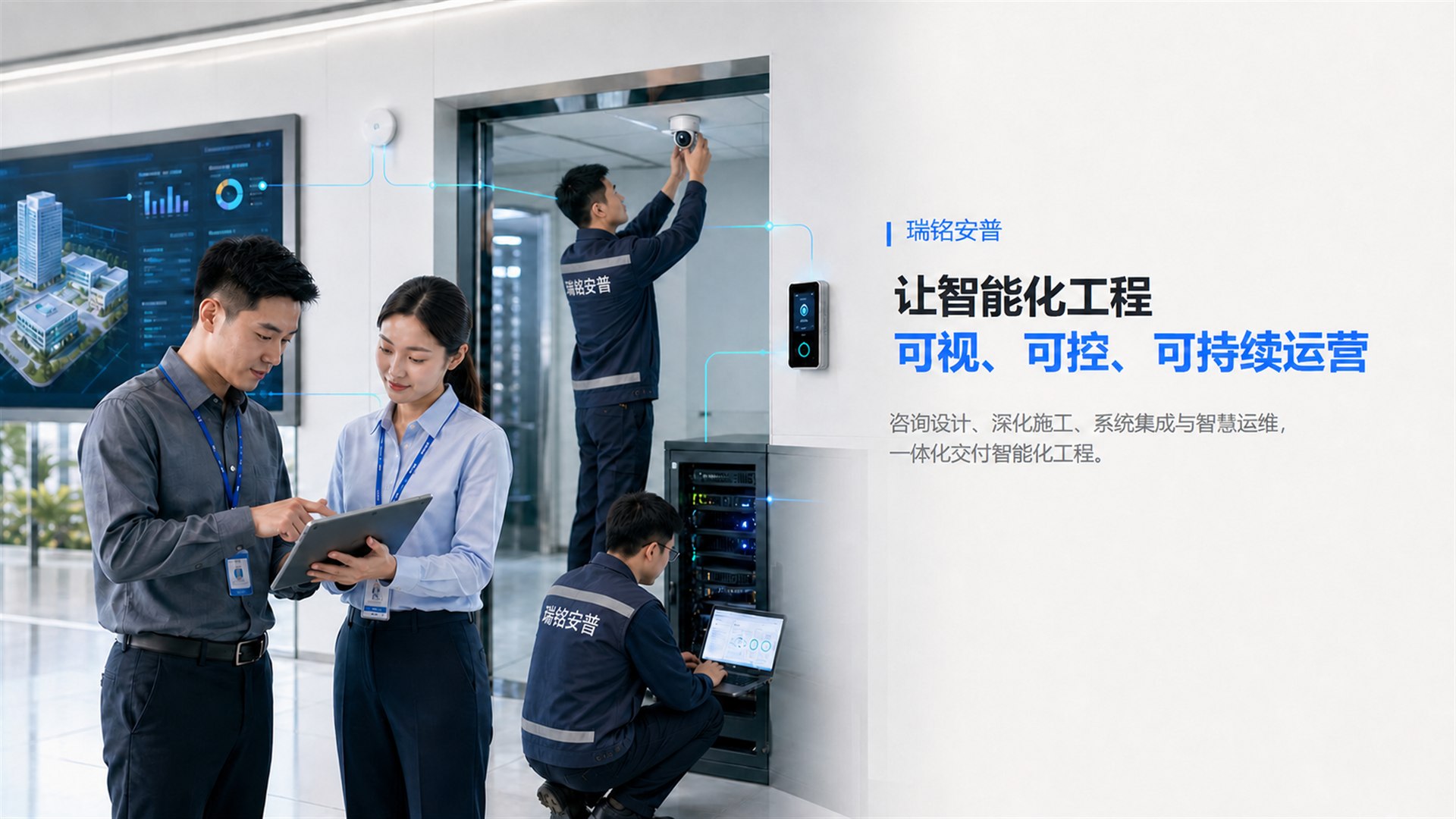 技术人员巡检摄像机与弱电机房设备