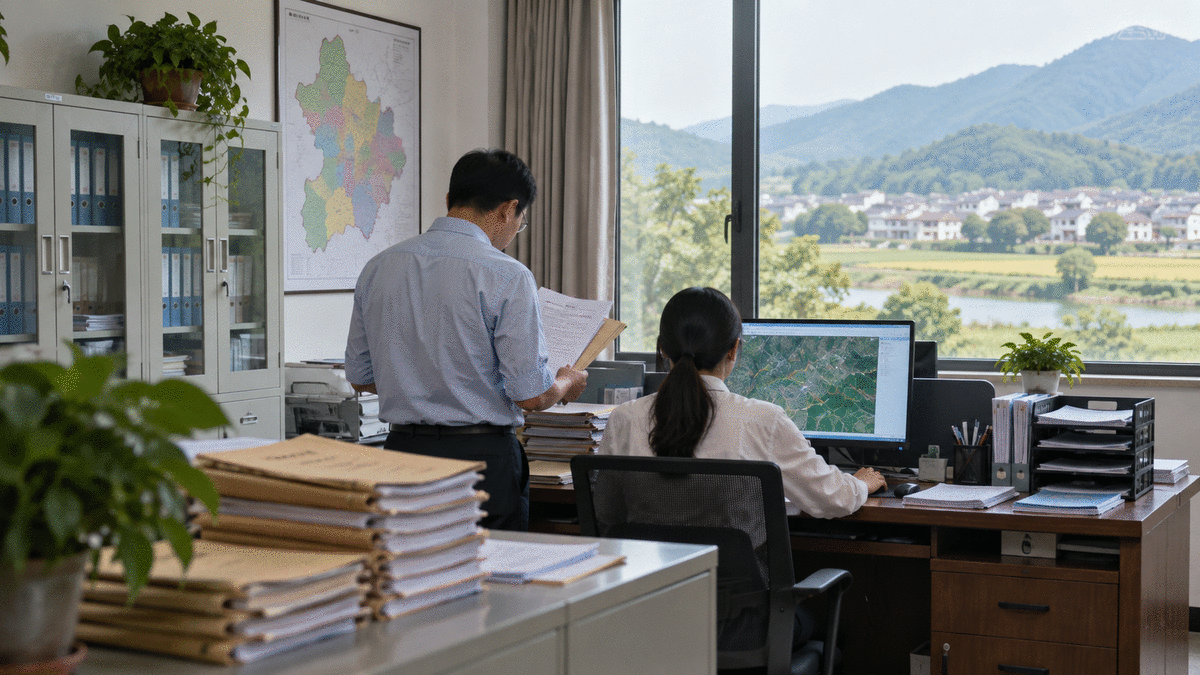 远景展示基层工作人员核对合同资料与资源地图