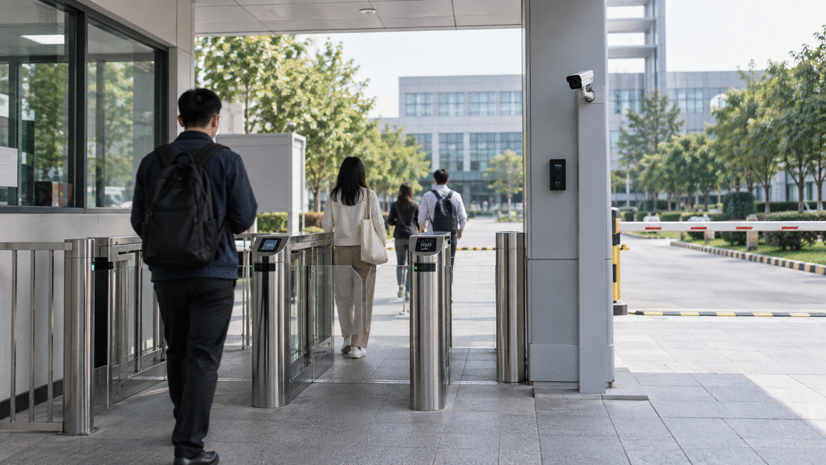 园区入口门禁通道、读卡设备与摄像机