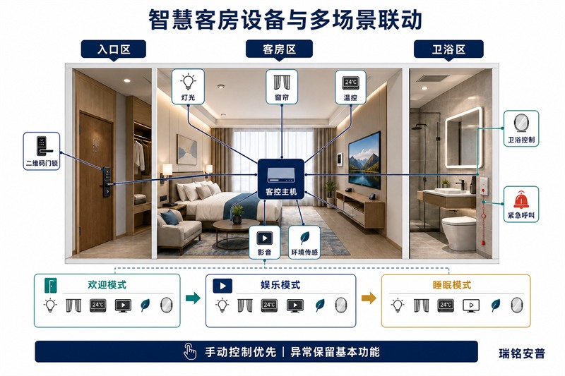 智慧客房灯光窗帘温控与服务联动示意图