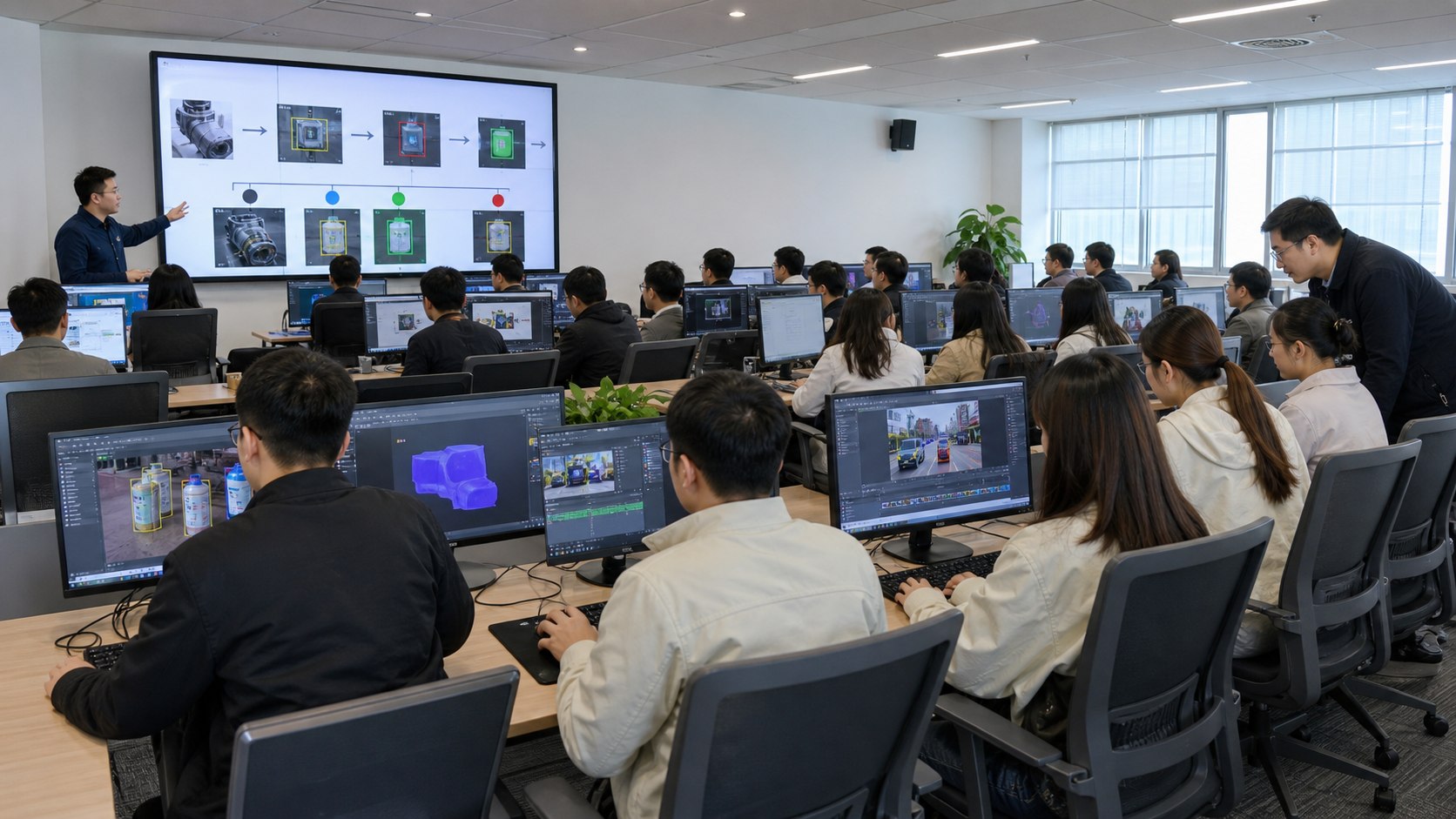 AI应用产业基地多人实训与数据标注场景示意