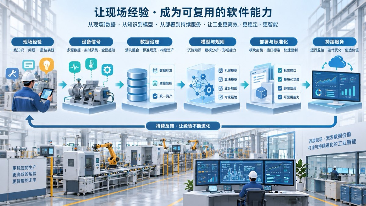 工业现场经验通过数据、模型和交付标准沉淀为可复用的软件能力流程图