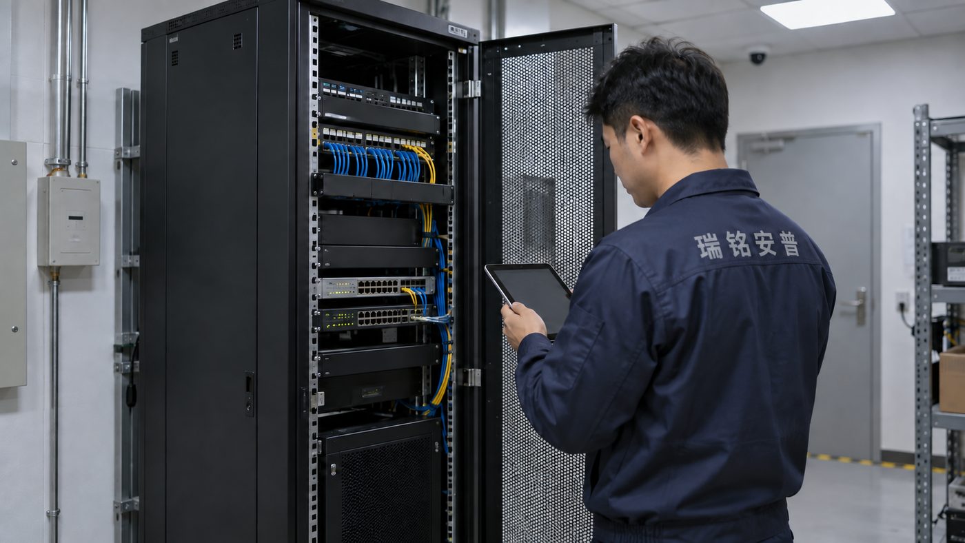 工程师在园区设备间核对弱电机柜与网络设备状态