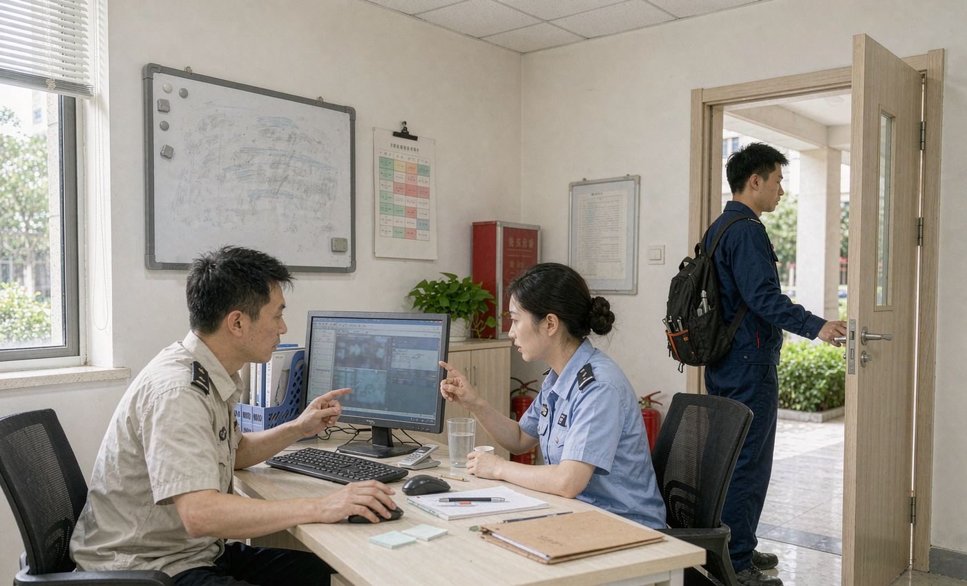 物业办公室内工作人员在电脑前交流，另有工作人员背包准备离开