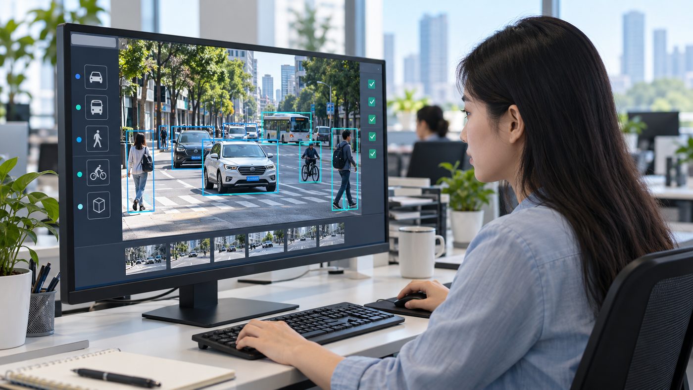 数据标注员在工作站复核车辆与行人目标框的操作示例